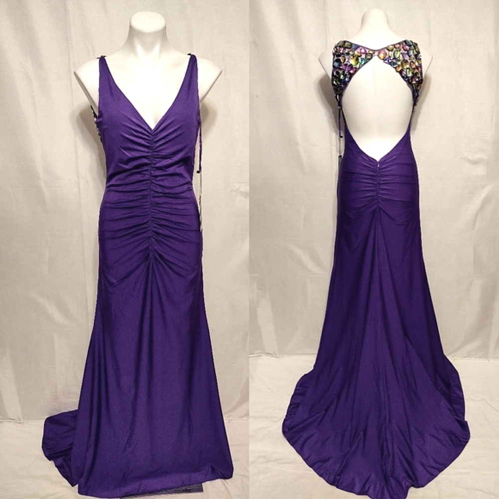 NWT Poly USA Bejeweled Glamorous Ruched Open Back Mermaid Formal Gown Medium